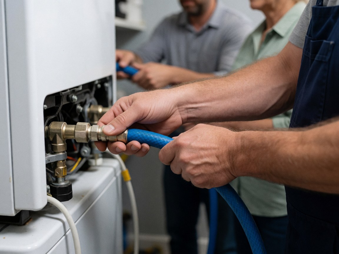 Close-up of hands connecting a blue hose to a white utility appliance in a laundry room with blurred background and practical lighting