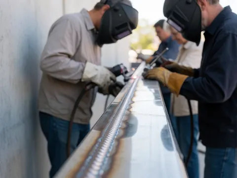 Workers wearing welding helmets and gloves, welding a bright metal bead on a bar, focusing on manual work detail and metal quality.