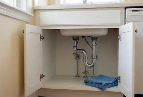 View of the plumbing pipes and p-trap under a kitchen sink with a blue towel hanging nearby for maintenance access