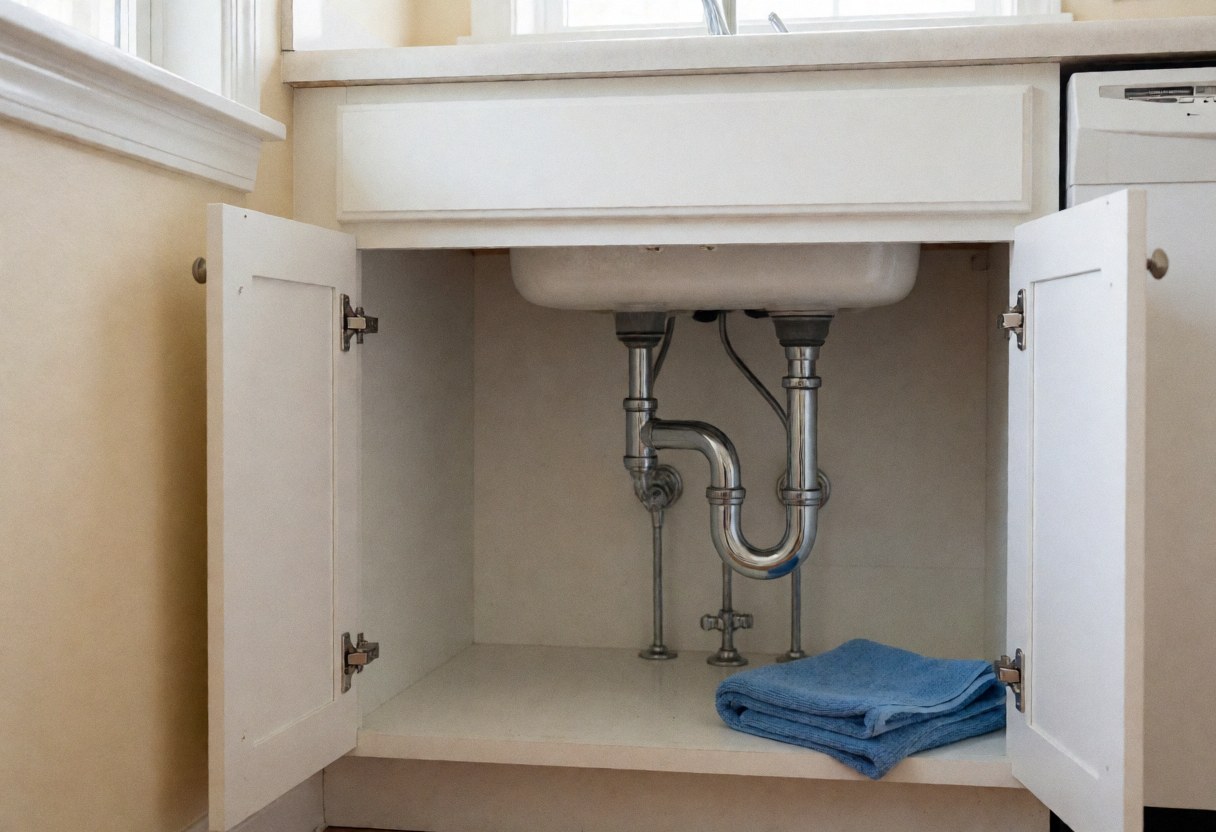 View of the plumbing pipes and p-trap under a kitchen sink with a blue towel hanging nearby for maintenance access