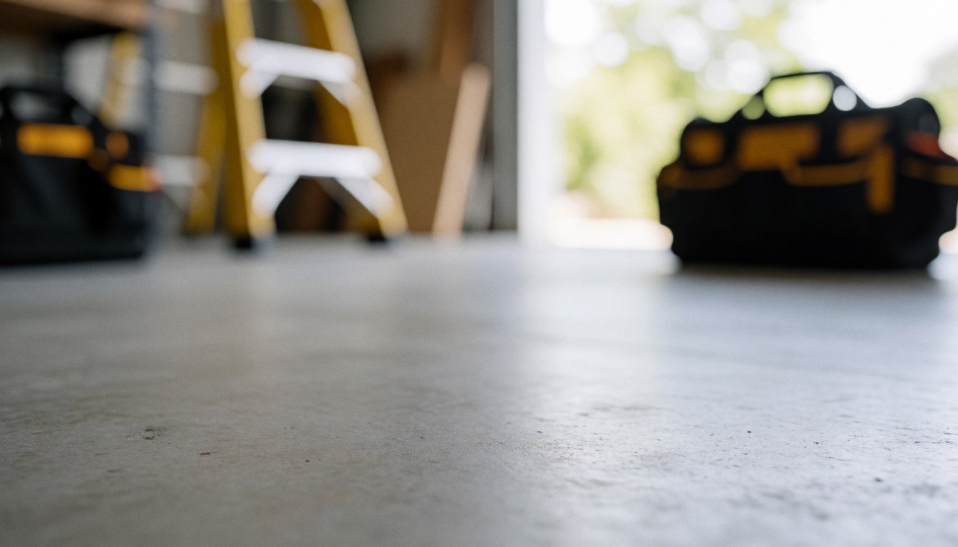 A gray concrete workshop floor featuring a yellow ladder and a tool bag, serving as a professional background for text or business content.