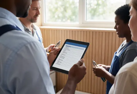 A professional technician uses a tablet to perform a diagnostic check while working with tools in a well-lit room with wooden elements and natural light from a window