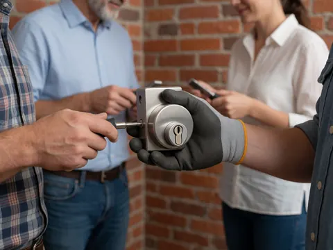 Workers installing a modern lock on a brick wall, wearing gloves and using tools in a construction setting.