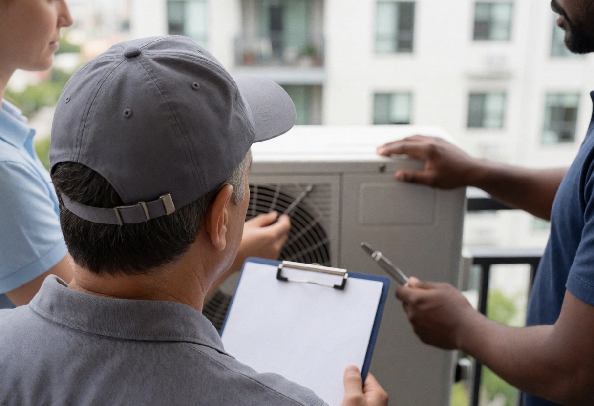 A technician in a gray cap checks an AC unit on a balcony while another technician with a clipboard and a customer review the work against a blurred urban background.
