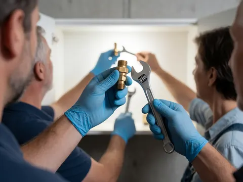 Detailed view of hands wearing nitrile gloves using an adjustable wrench to tighten a brass plumbing connection during maintenance work