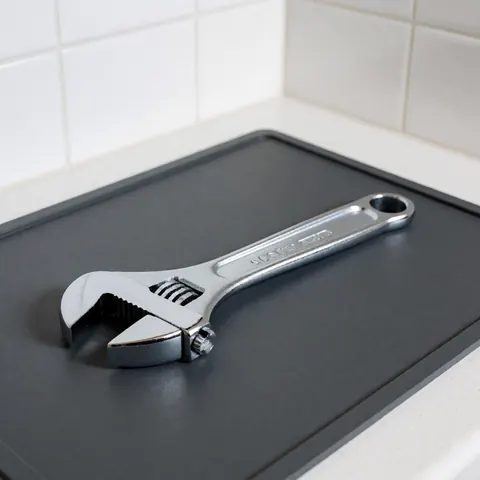 Shiny chrome adjustable wrench resting on a black surface with white tiled walls, ideal for illustrating tools, maintenance, or repair work.