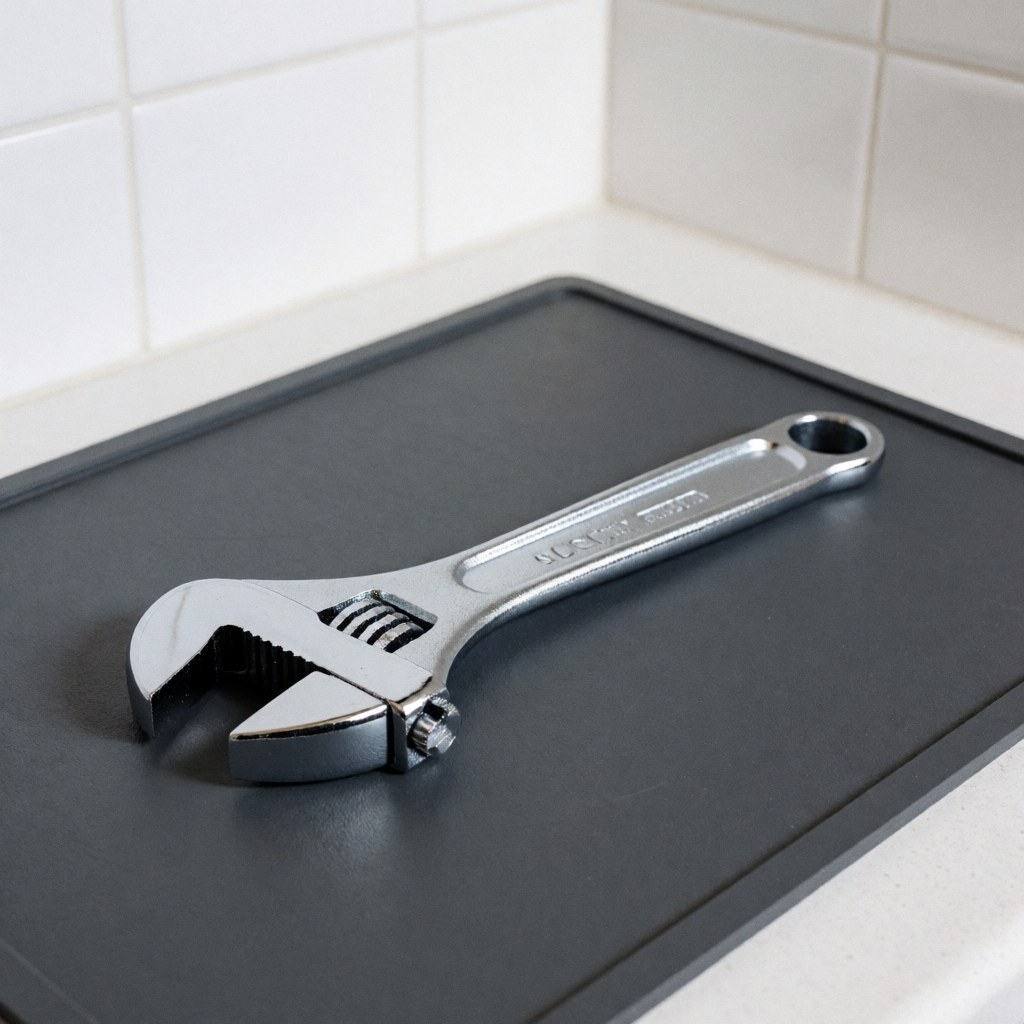 Shiny chrome adjustable wrench resting on a black surface with white tiled walls, ideal for illustrating tools, maintenance, or repair work.