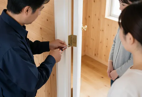 Technician adjusting door hinges with a tool while two people observe in a realistic service scene with wooden walls and natural lighting