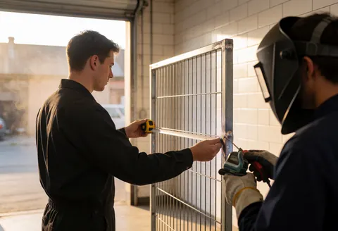 Two technicians work on a metal fence, one measuring with a tape and the other welding, with natural light and visible tools