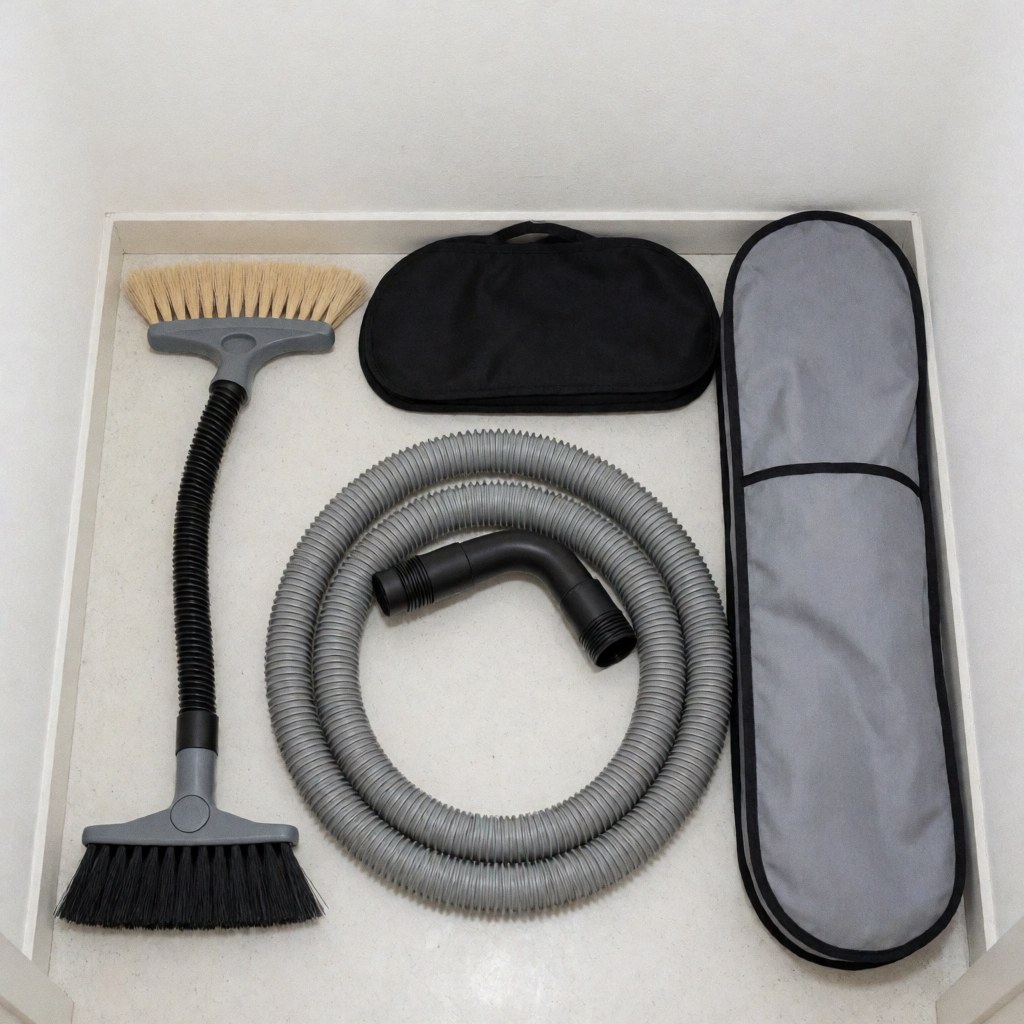 Professional cleaning tools organized in a box including brushes, hose, and covers ready for work