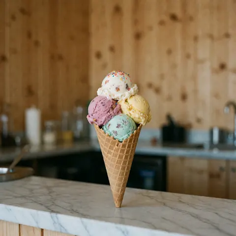 Three scoops of artisanal ice cream in a waffle cone topped with sprinkles and fruit on a marble counter with a wooden kitchen background