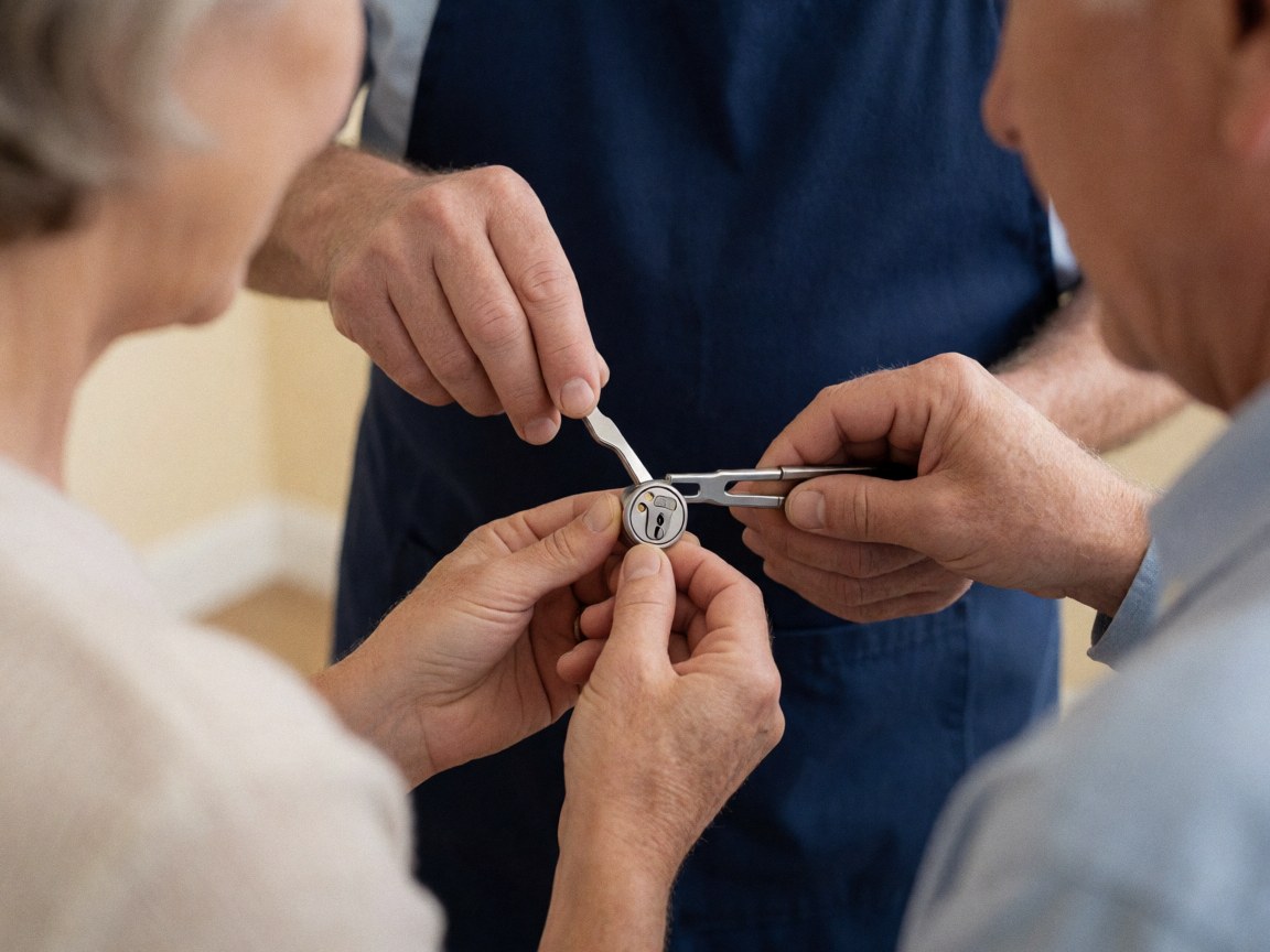 Close-up of a locksmith using tools on a lock cylinder while two people observe the detailed technical work in a blurred indoor setting.