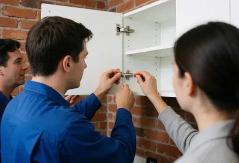 A technician and client work together to adjust a white cabinet hinge using an Allen wrench against a red brick wall.