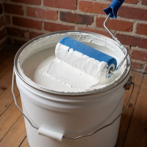 An open bucket of white interior paint with a wet roller resting on the rim, ready for home improvement and wall painting tasks.