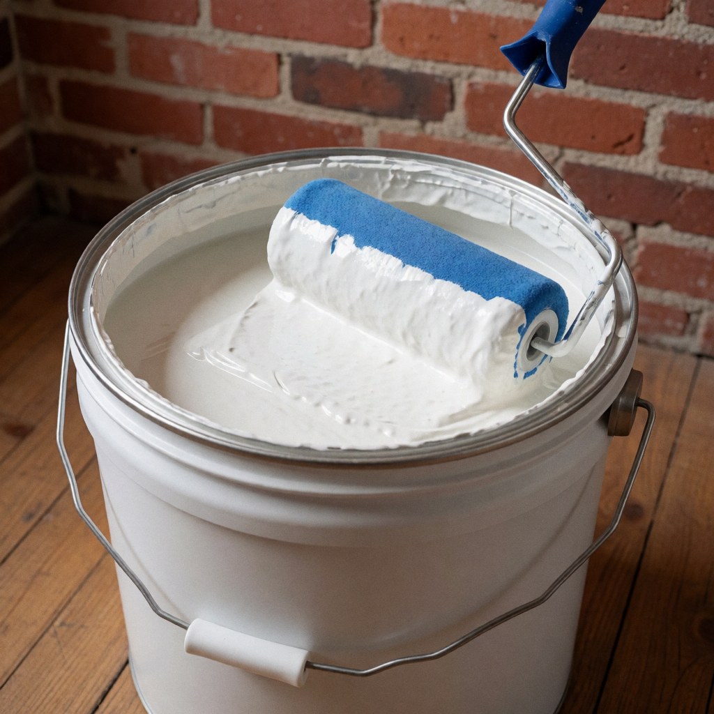 An open bucket of white interior paint with a wet roller resting on the rim, ready for home improvement and wall painting tasks.
