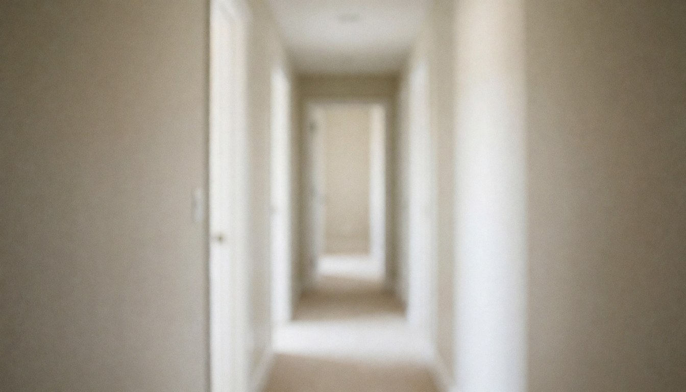 A clean, minimalist beige wall with a white door and hallway, serving as a neutral background for business text and presentations