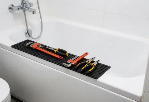 Plumbing tools including wrenches and scissors resting on a clean white bathtub, ready for bathroom installation or repair work.