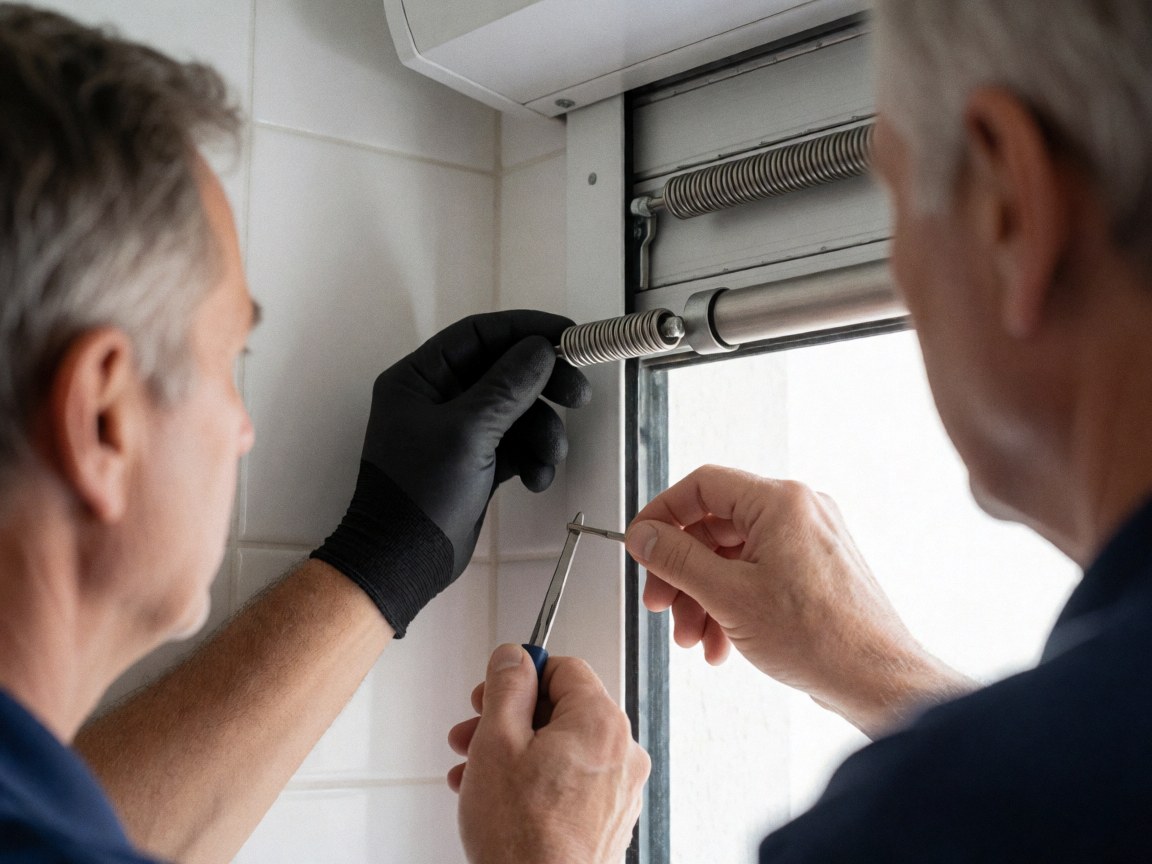A close-up view of hands wearing black gloves using a tool to adjust the spring mechanism of a window blind against a white tiled background