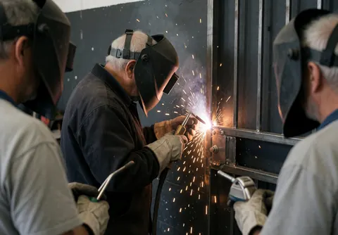 A welder wearing a helmet and gloves works on a metal structure with sparks flying while other workers observe in a realistic industrial setting.