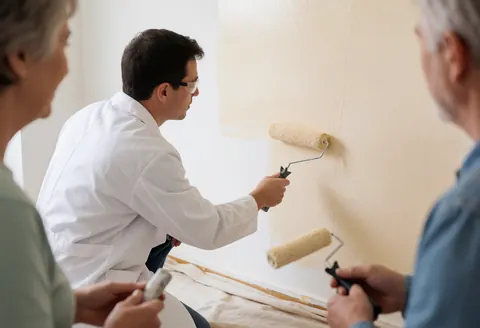 A painter wearing safety glasses uses a roller to apply beige paint to a wall while two colleagues watch. A drop cloth protects the floor during this professional interior painting project.
