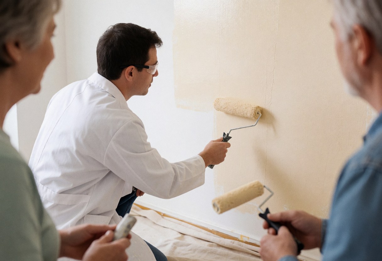 A painter wearing safety glasses uses a roller to apply beige paint to a wall while two colleagues watch. A drop cloth protects the floor during this professional interior painting project.