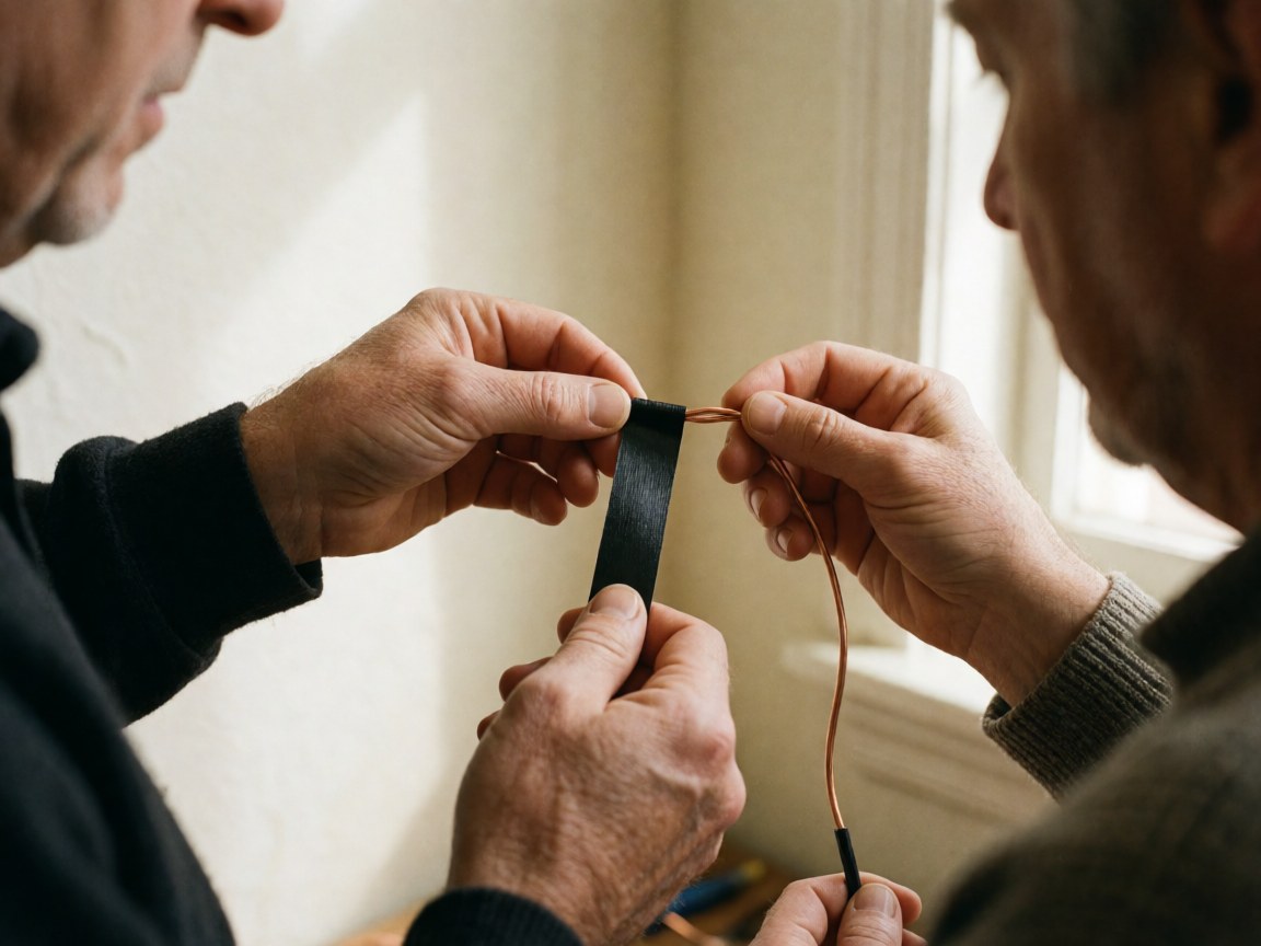 Close-up of two electricians working together, handling copper wire and black electrical tape in a bright indoor setting with white walls.