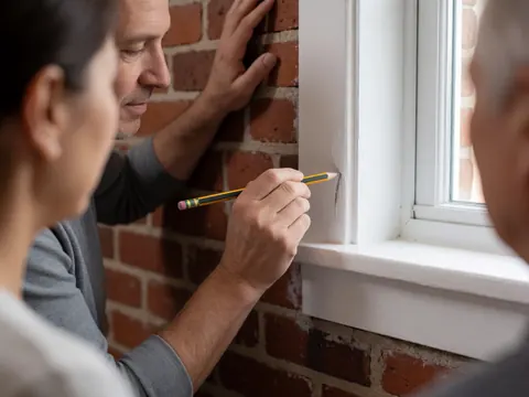 Close-up of a man using a pencil to mark a point on a white window frame against a red brick wall, highlighting precision and teamwork in home renovation.
