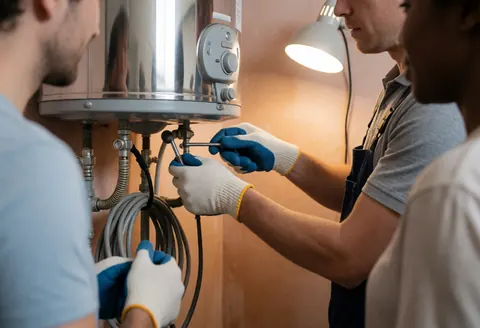 Three workers wearing gloves use tools to adjust a hot water boiler under a work light against a drywall background.