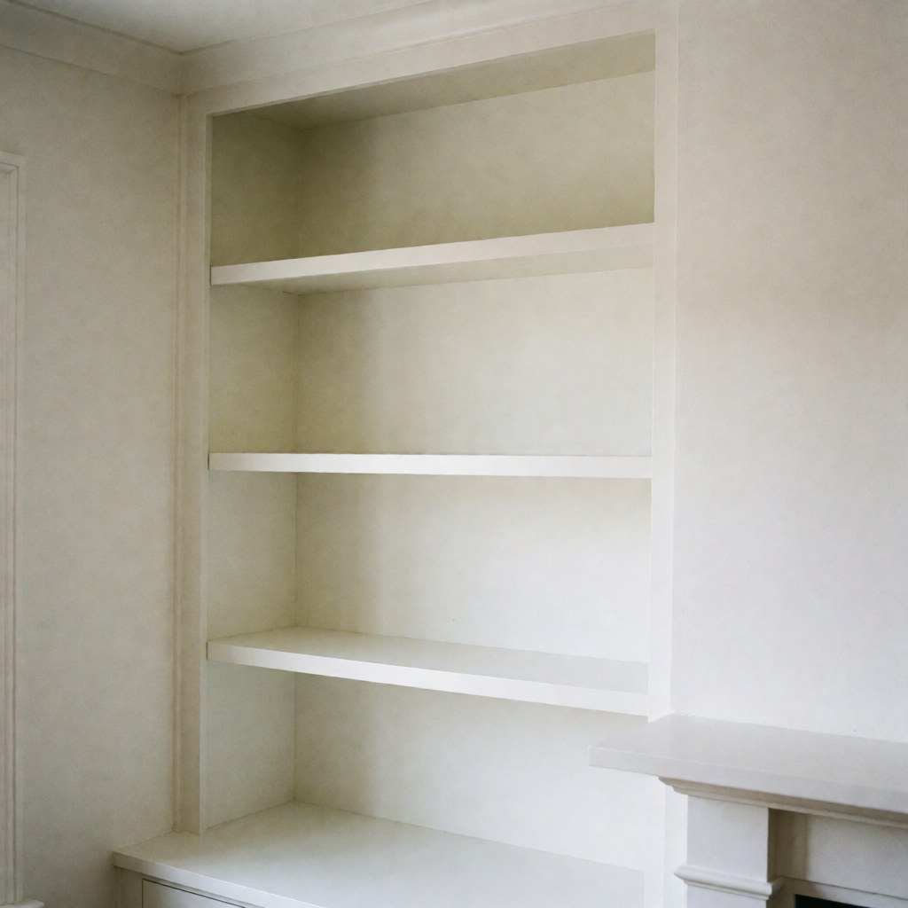 White built-in cabinet with three empty shelves, white walls, natural lighting, polished finish, ideal for interior design services.