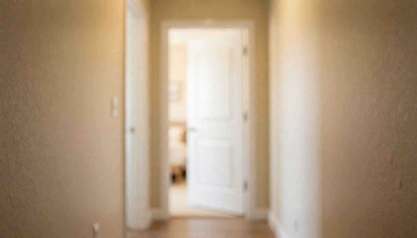 A residential hallway featuring textured beige walls and a slightly ajar white door, illuminated by warm light, suitable as a background for text overlays.