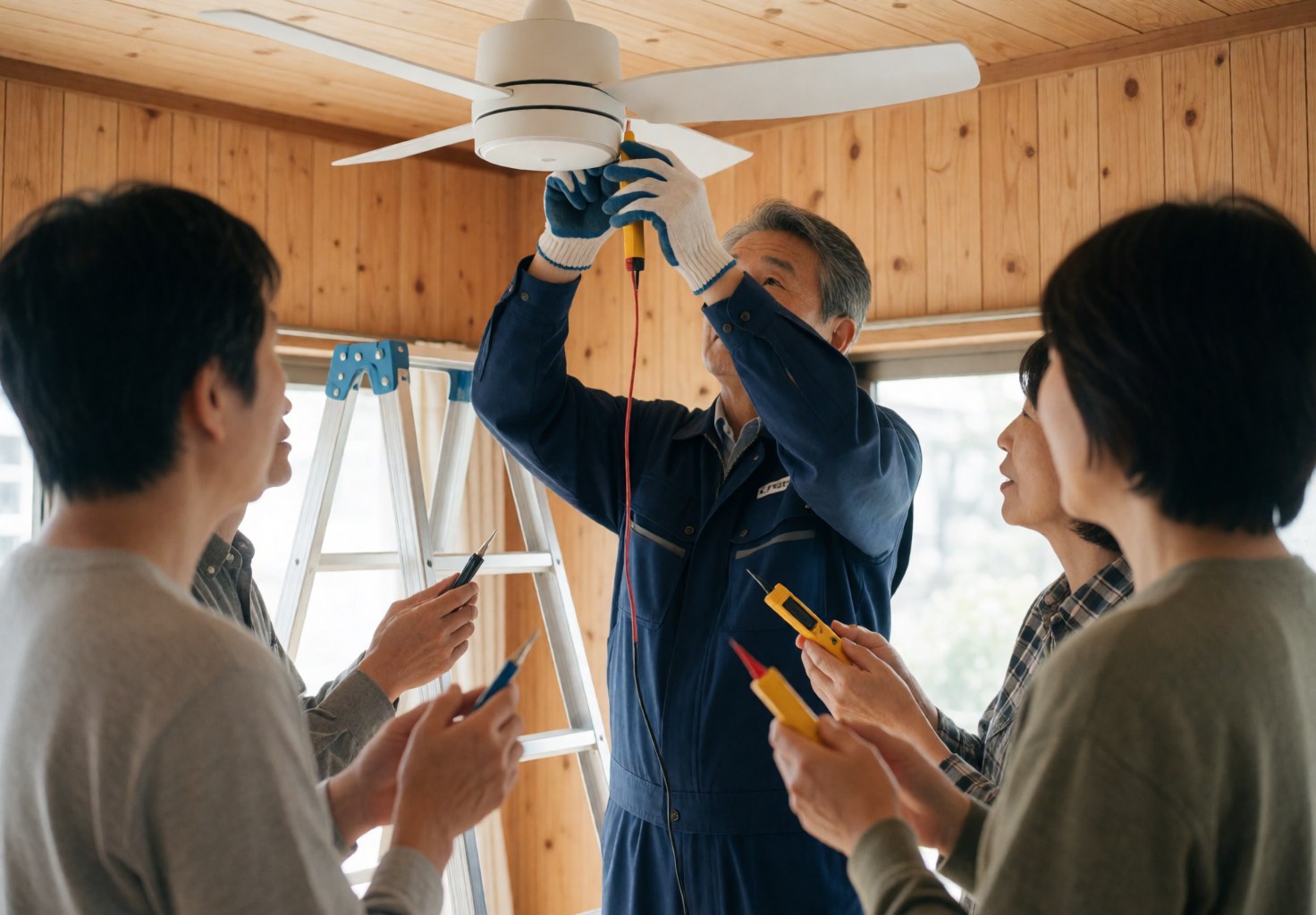 An electrician installs a white ceiling fan in a room with wood walls while others hold tools, showing teamwork.