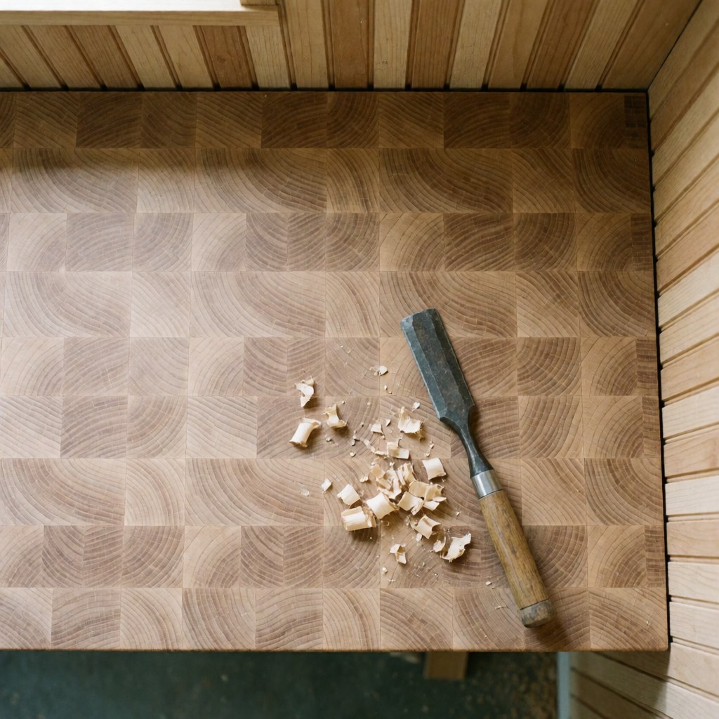 Top-down view of a wooden workbench with a chisel and sparks, showing a tidy workspace for carpentry and hands at work on a product.