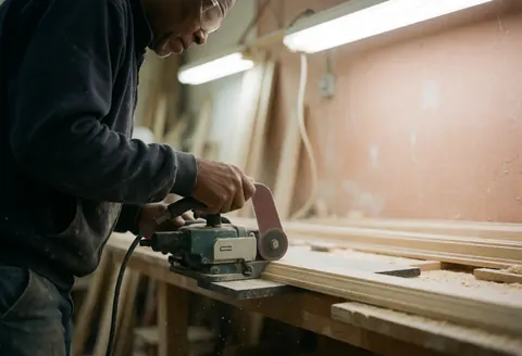 Professional carpenter operating a sander in a workshop with wood dust, fluorescent lights, and terracotta walls