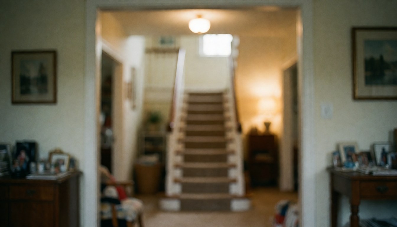 A wooden staircase inside a home featuring a carpet runner and handrail, illuminated by warm ambient light from windows and wall fixtures