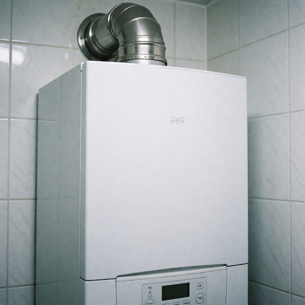A sleek modern boiler unit installed against a tiled wall with visible metal pipes and a digital control panel for efficient home heating.