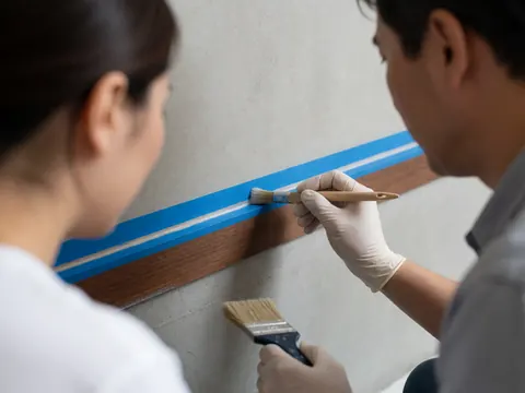 Two painters collaborating on a wooden surface using blue painter's tape to ensure precise edges and protect surrounding areas during interior painting work.