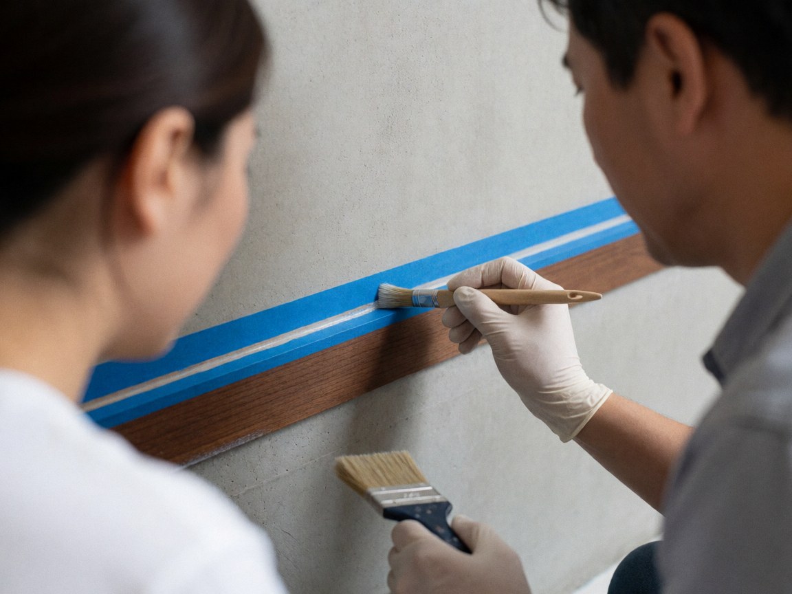 Two painters collaborating on a wooden surface using blue painter's tape to ensure precise edges and protect surrounding areas during interior painting work.