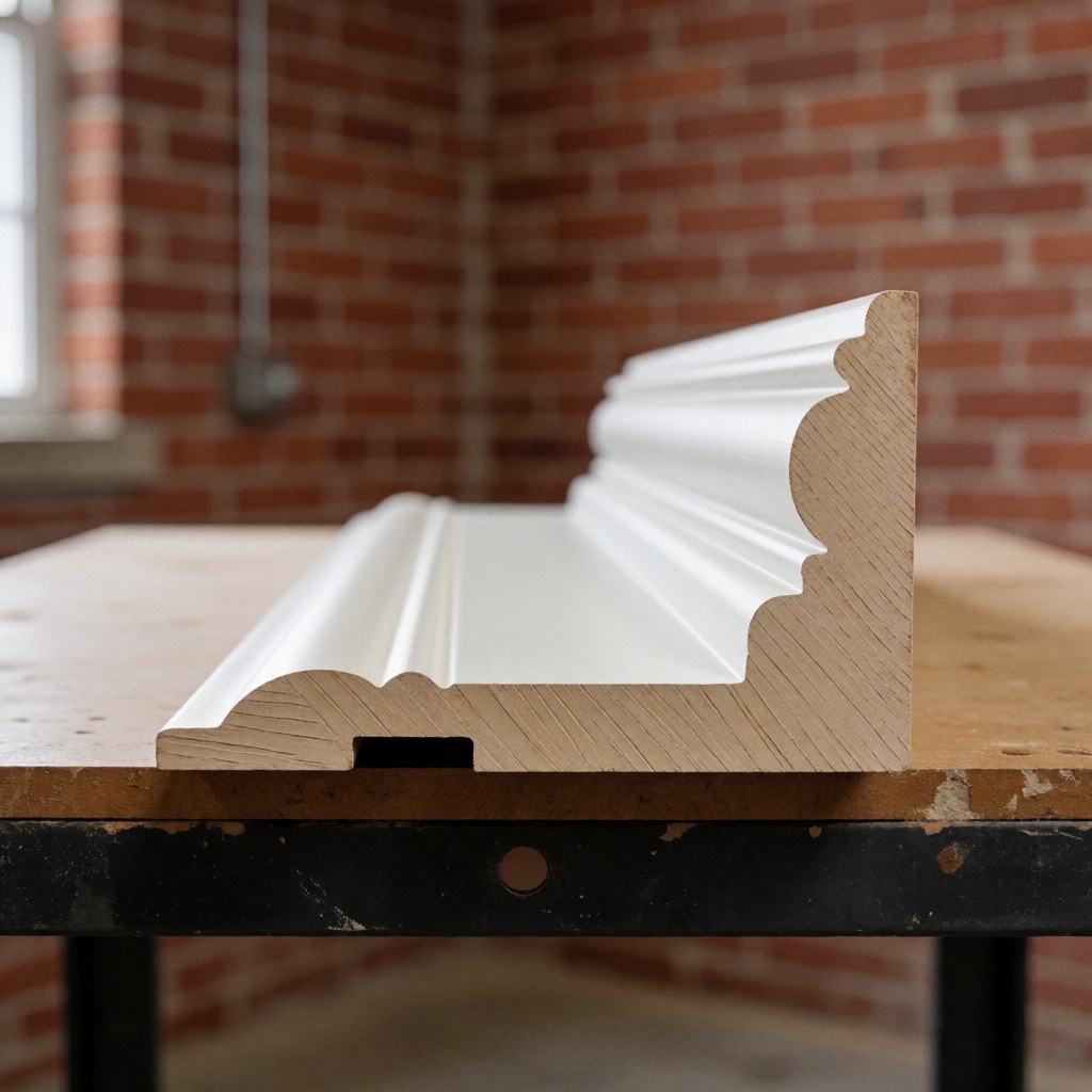 A close-up view of white painted decorative wall molding resting on a wooden carpenter workbench with a red brick wall background and natural lighting