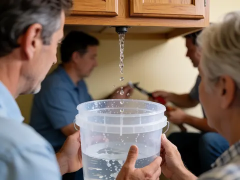 Close-up view of water droplets leaking from a plastic emergency bucket placed on a wooden surface indoors