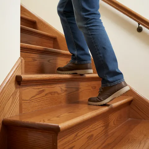 A wooden ladder standing on a white floor, showing its steps and side rails in a home interior setting.