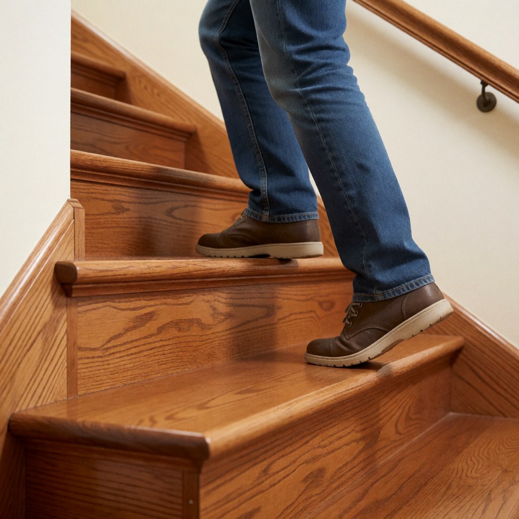 A wooden ladder standing on a white floor, showing its steps and side rails in a home interior setting.