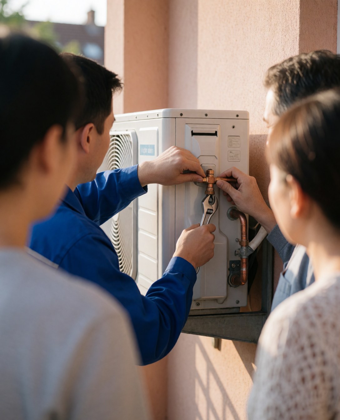 Technician in blue uniform installs air conditioning unit on balcony while customer watches, terracotta walls, natural light, realistic professional scene