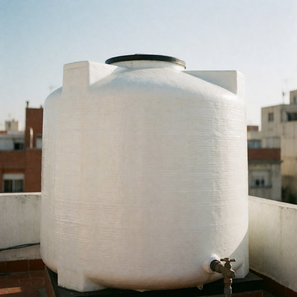 White fiberglass water tank on a rooftop with an urban background, daylight, showing durability and repair.