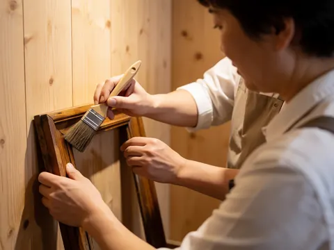 Professional hand applying varnish with a brush to an antique wooden frame against a wood panel wall with warm focused lighting.