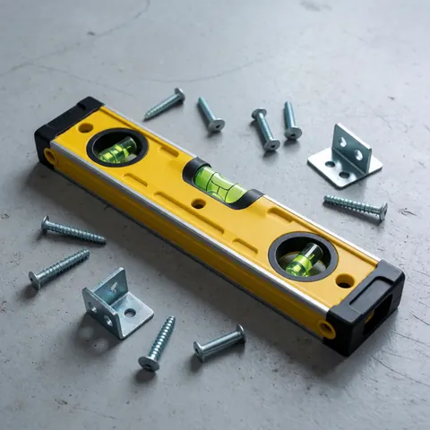 Yellow and black bubble level resting on gray concrete floor surrounded by metal screws and brackets under clean industrial lighting