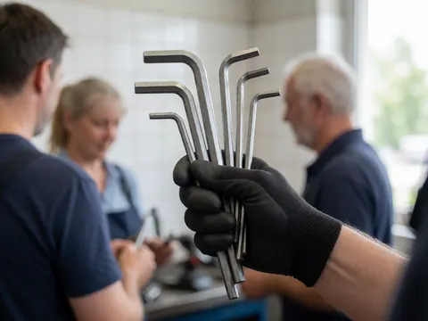 Close-up of a hand wearing a protective glove holding several Allen wrenches, highlighting precision tools used in teamwork and repair work.