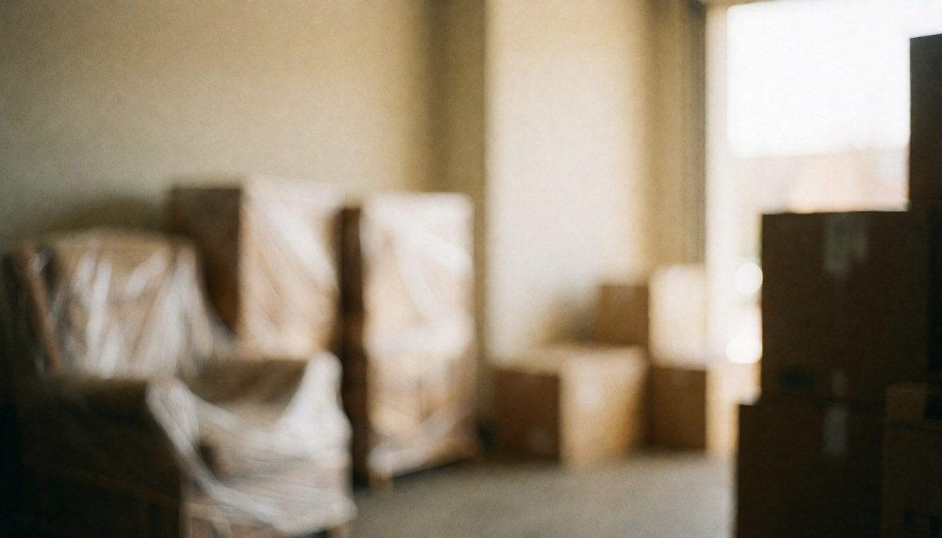 Out of focus warehouse scene featuring wrapped boxes and furniture illuminated by warm light, suitable for commercial text overlays and logistics services.
