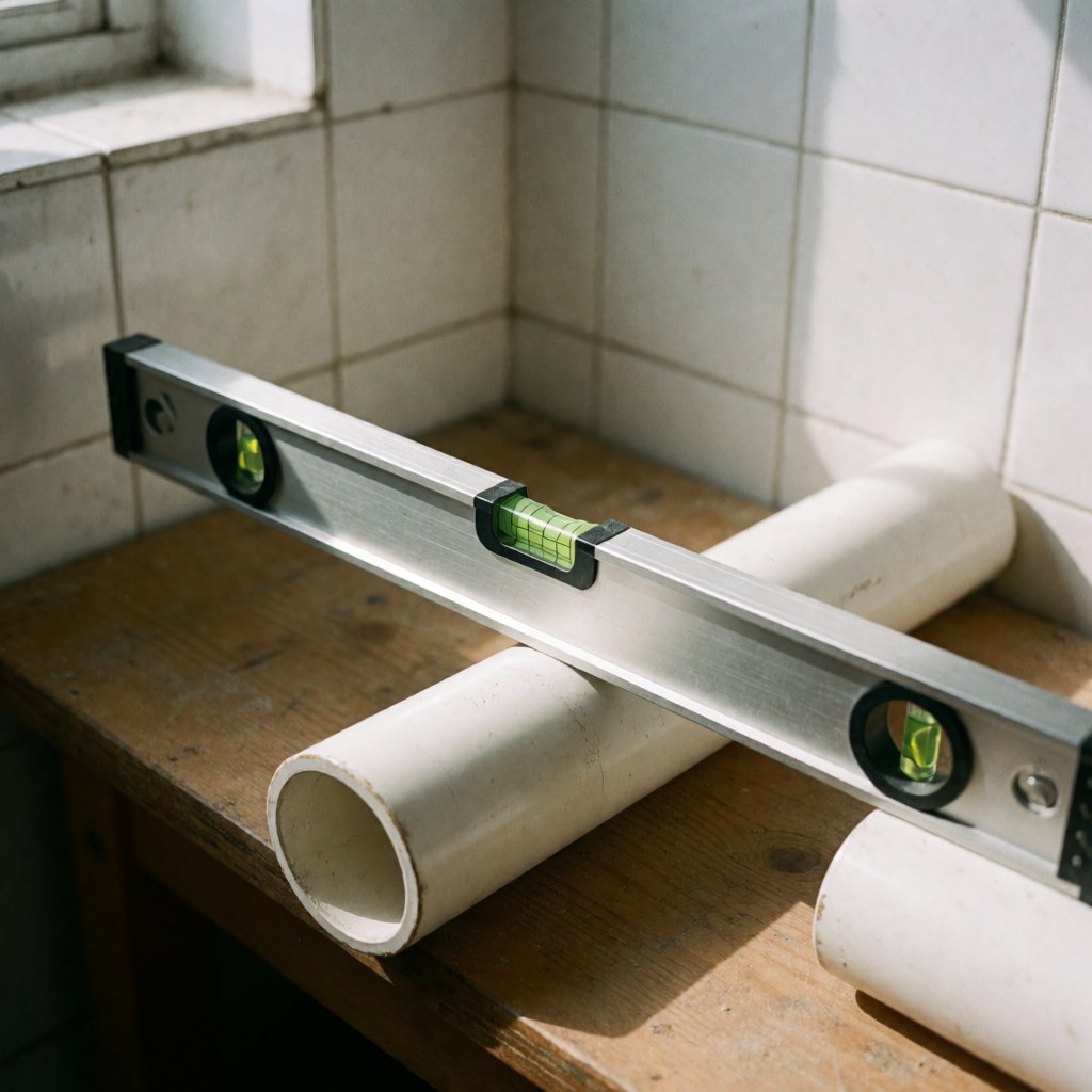 Detailed view of a bubble level resting on wooden planks and PVC pipes, highlighting precision measurement tools used in construction and installation projects.