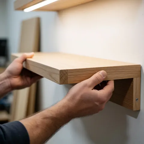 Hands installing a polished modern wooden shelf on a white wall, highlighting quality finish and precision work in a well-lit workshop.
