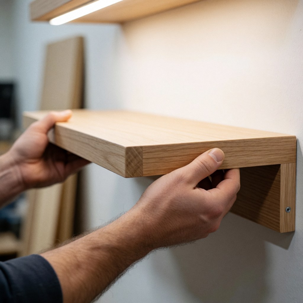 Hands installing a polished modern wooden shelf on a white wall, highlighting quality finish and precision work in a well-lit workshop.